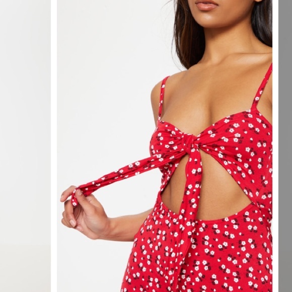 PrettyLittleThing Red Floral Tie Front Dress - Picture 4 of 14